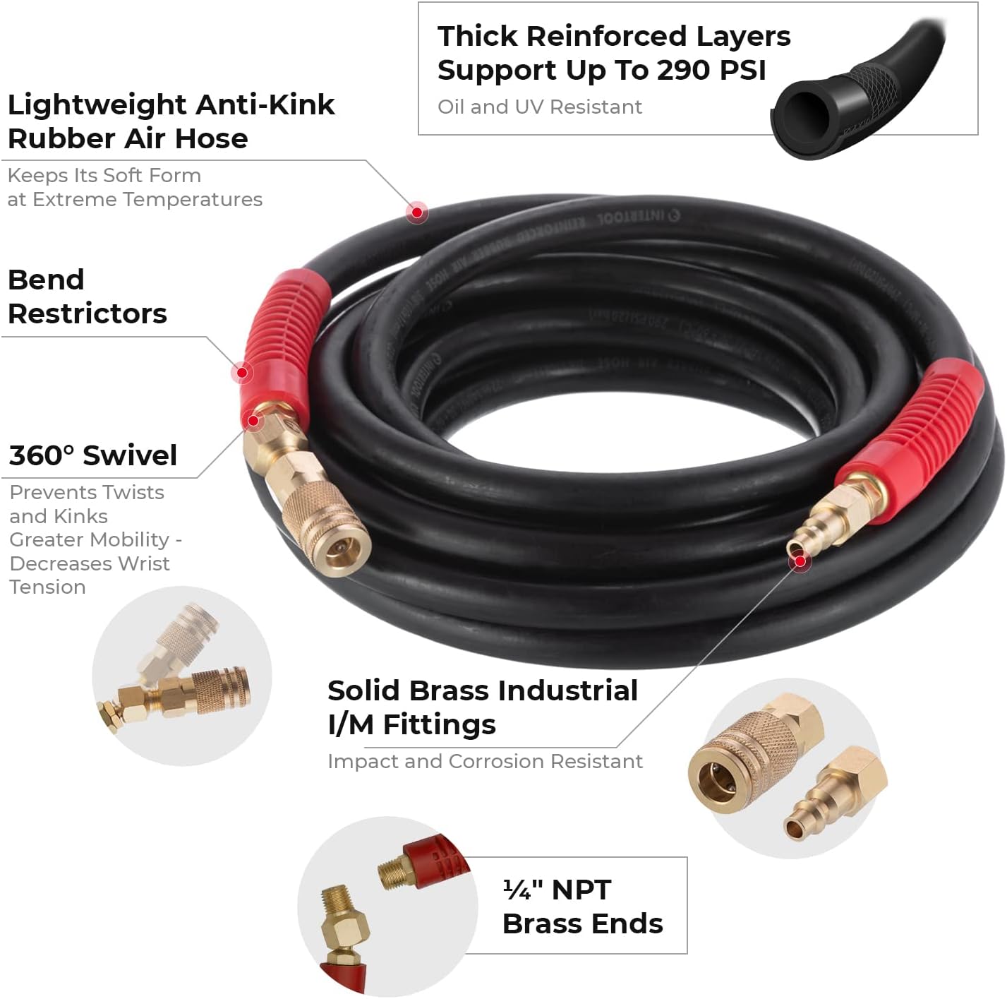 INTERTOOL 5/16” x 25 ft. Rubber Air Hose Brass Fittings | PT08-1731