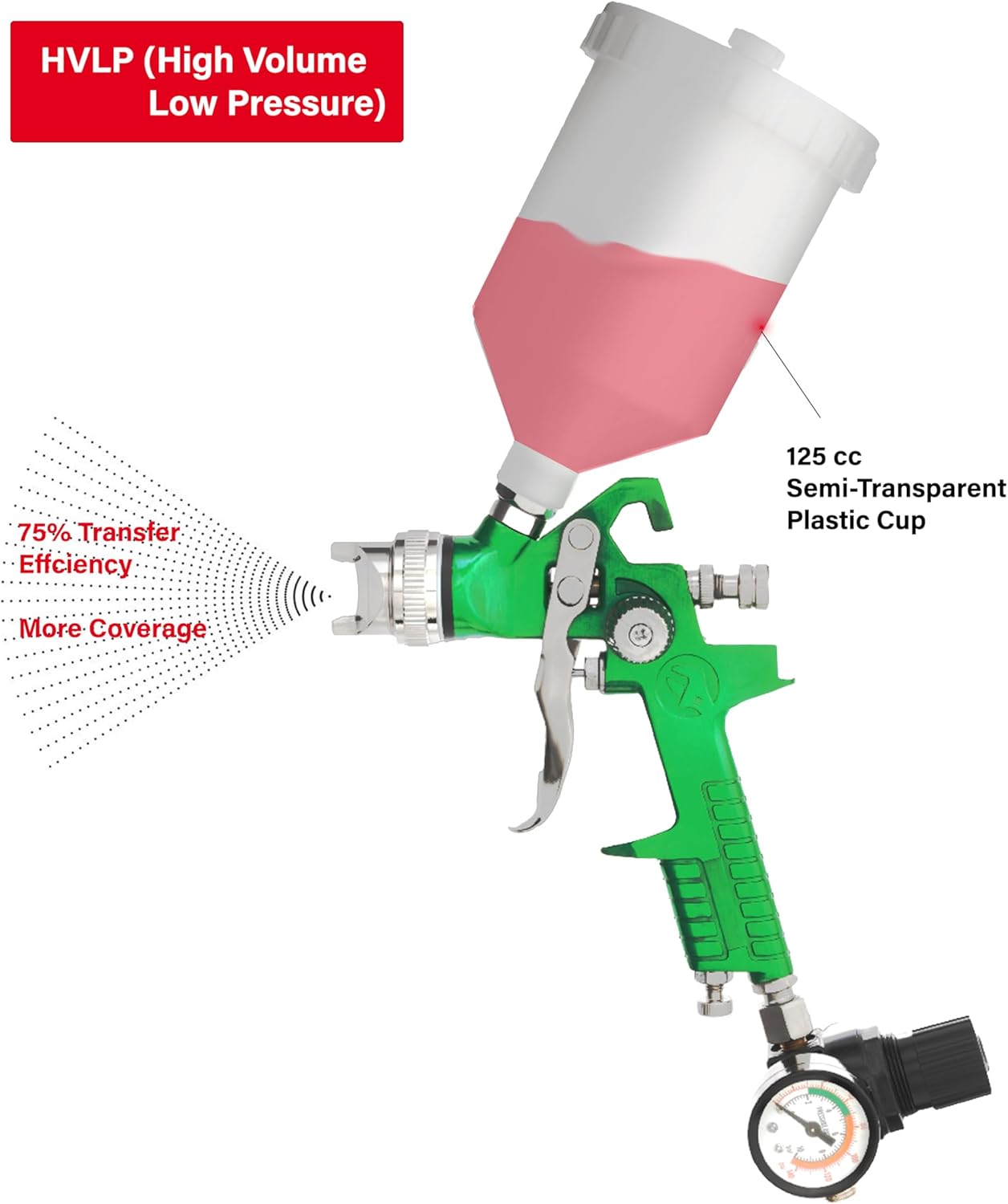 INTERTOOL HVLP Paint Spray Gun - 1.3 mm Air Cap, Automotive Sprayer, Air Regulator Gauge, Disposable Cup Adapter, 600 cc Plastic Cup | PT08-0102