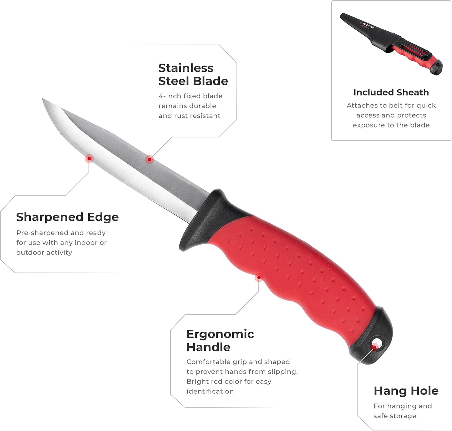 Cuchillo de hoja fija INTERTOOL de 4 pulgadas - Acero inoxidable, cuchillo para supervivencia al aire libre con funda para caza, acampada y supervivencia | HT08-0536