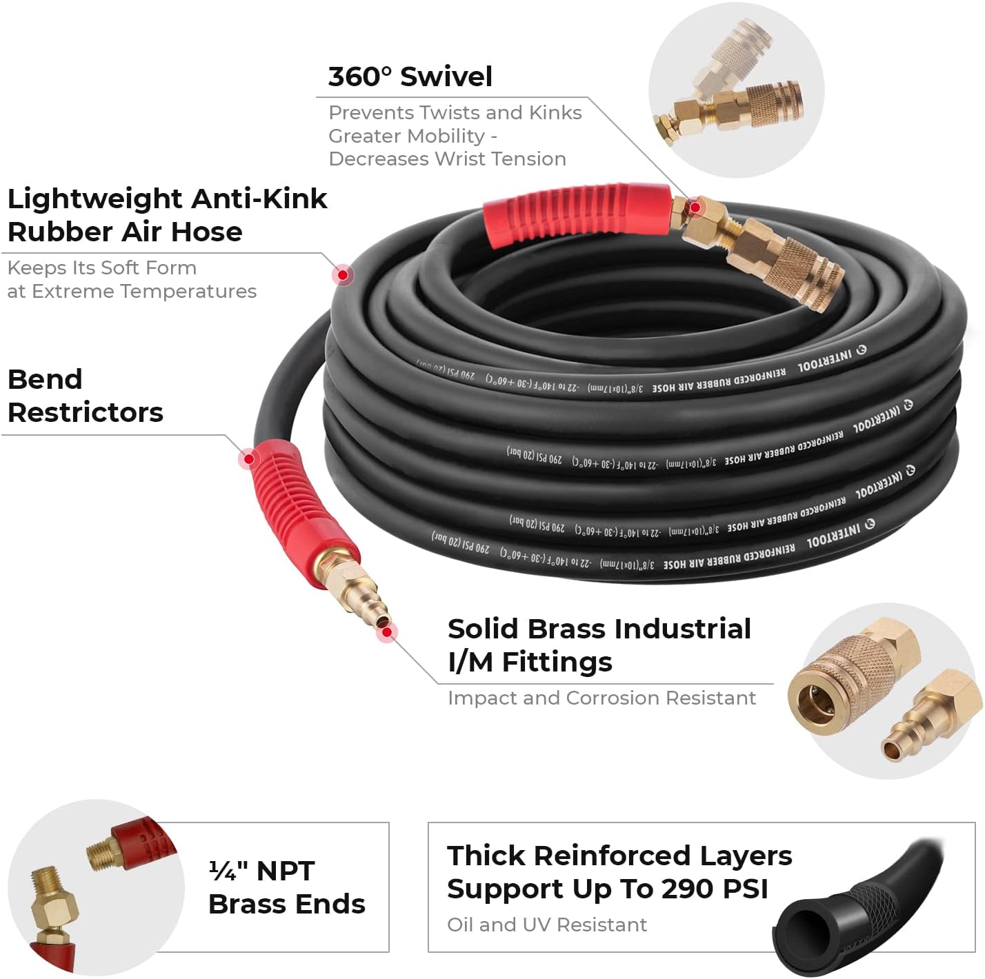 INTERTOOL 3/8” x 50 ft. Rubber Air Hose Brass Fittings | PT08-1735