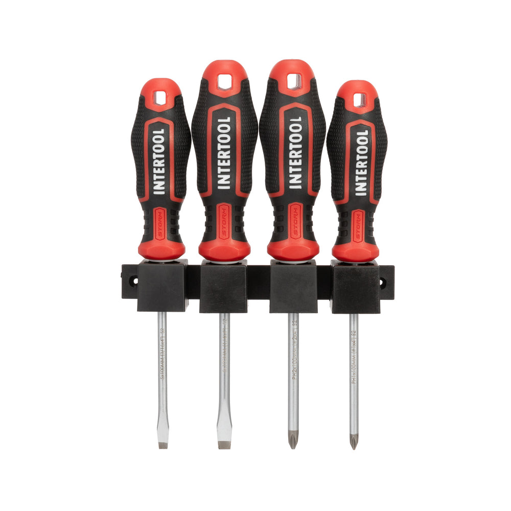 INTERTOOL 4 pcs Screwdriver Set, Phillips & Slotted, Wall Mount Rack | VT08-3434