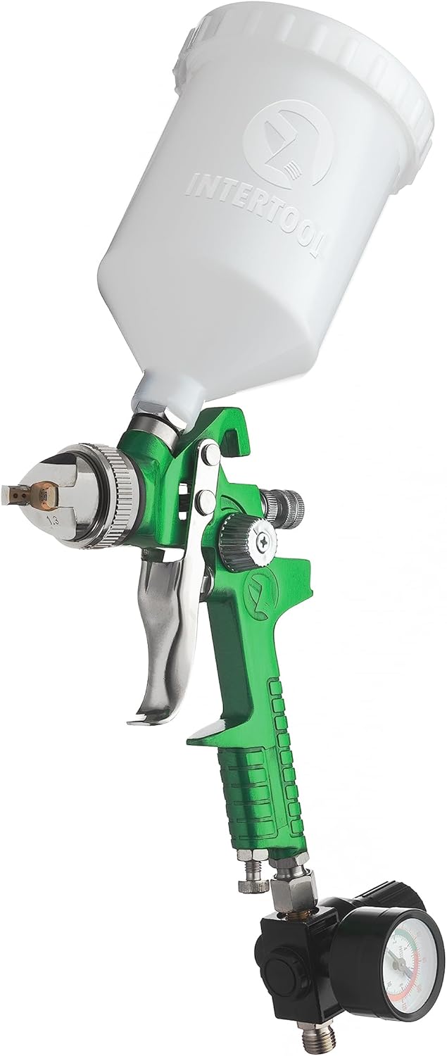 INTERTOOL HVLP Paint Spray Gun - 1.3 mm Air Cap, Automotive Sprayer, Air Regulator Gauge, Disposable Cup Adapter, 600 cc Plastic Cup | PT08-0102