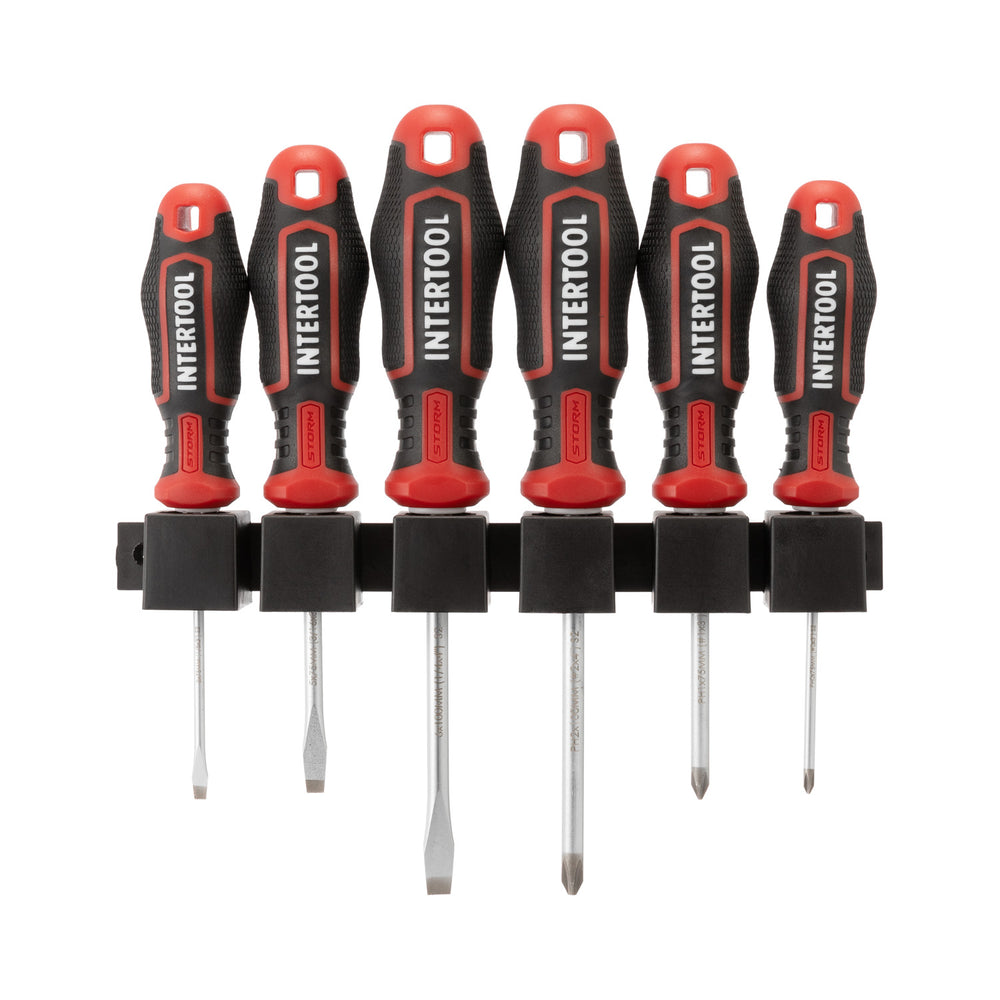INTERTOOL 6 pcs Screwdriver Set, Phillips & Slotted, Wall Mount Rack | VT08-3436