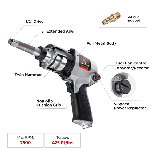 INTERTOOL 1/2" Air Impact Wrench, 3" Extended Anvil, 425 ft/lbs | PT08-1103