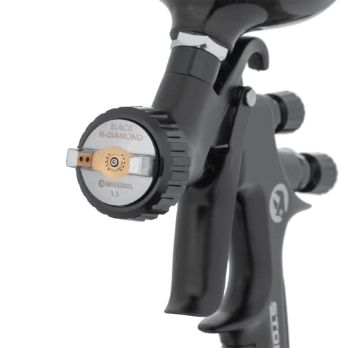 INTERTOOL Automotive Paint Gun - 1.3 mm Air Cap, Touch Up, Primer, Top Coat, 600 cc Plastic Cup, Pneumatic High-Performance Black M-Diamond Series | PT08-0163