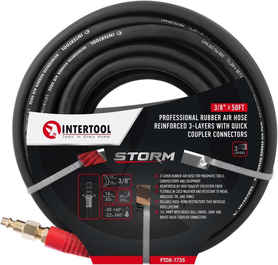 INTERTOOL 3/8” x 50 ft. Rubber Air Hose Brass Fittings | PT08-1735