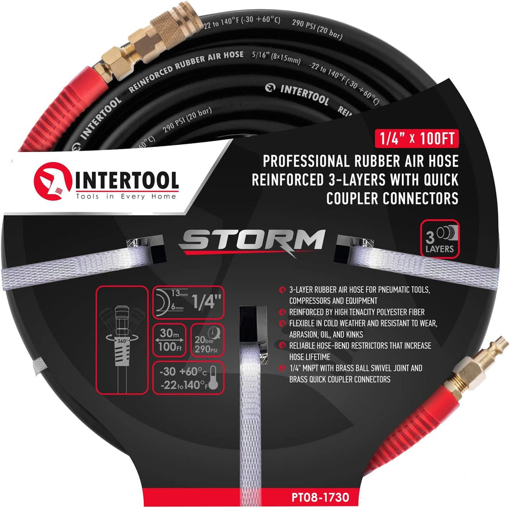 INTERTOOL 1/4” x 100 ft. Rubber Air Hose Brass Fittings | PT08-1730