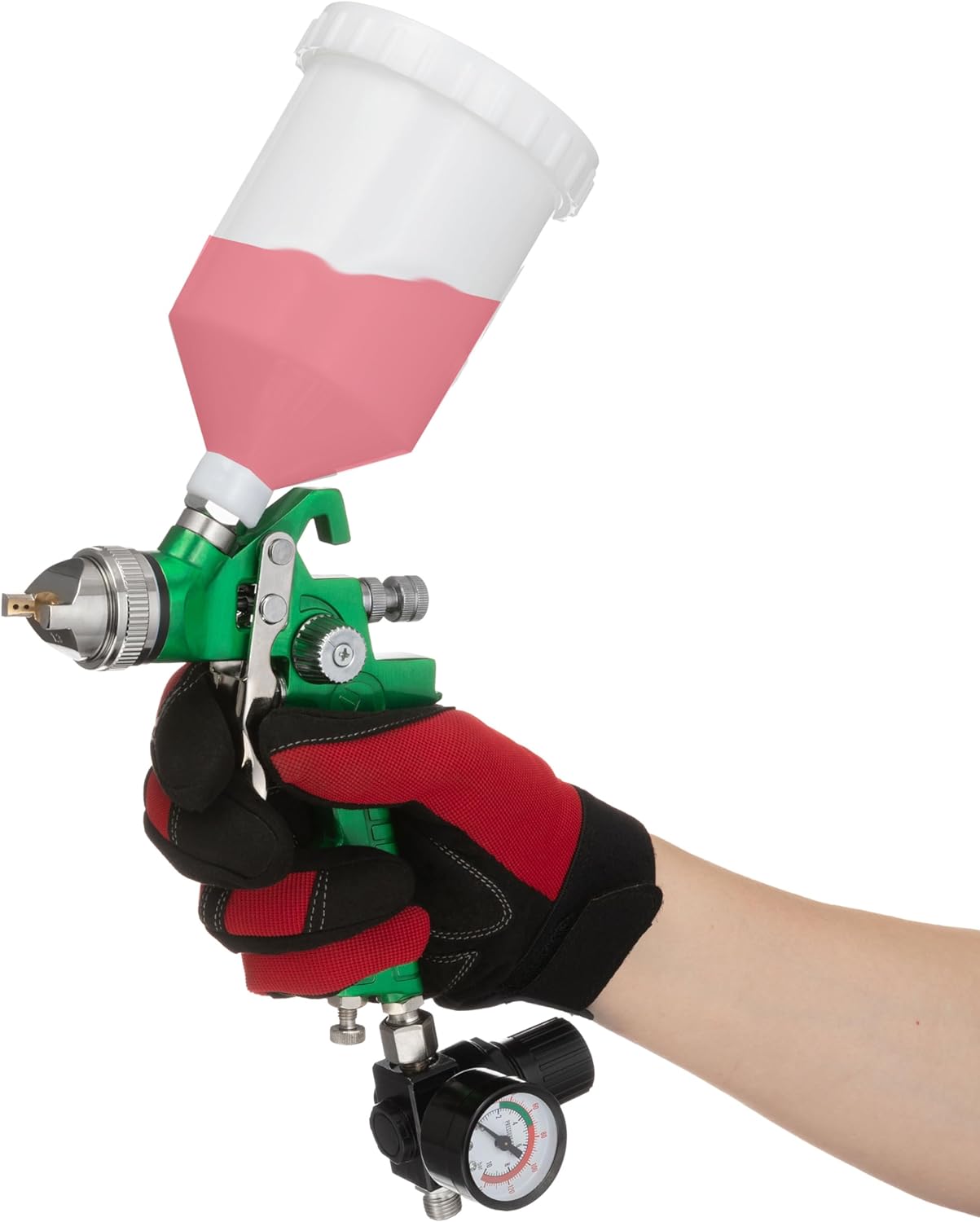 INTERTOOL HVLP Paint Spray Gun - 1.3 mm Air Cap, Automotive Sprayer, Air Regulator Gauge, Disposable Cup Adapter, 600 cc Plastic Cup | PT08-0102