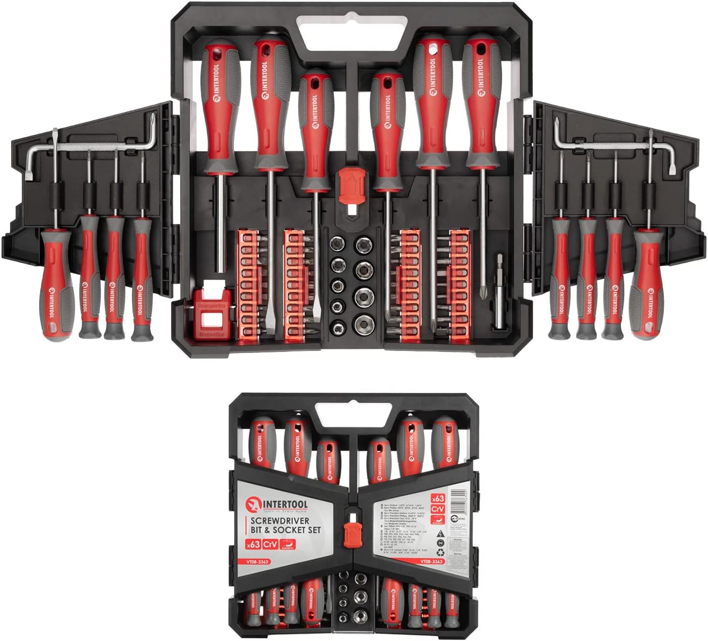 INTERTOOL 63 pcs Screwdriver Set, Precision, Bits, Sockets, Organizer Cabinet | VT08-3363