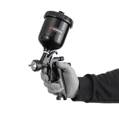 INTERTOOL Automotive Paint Gun - 1.3 mm Air Cap, Touch Up, Primer, Top Coat, 600 cc Plastic Cup, Pneumatic High-Performance Black M-Diamond Series | PT08-0163