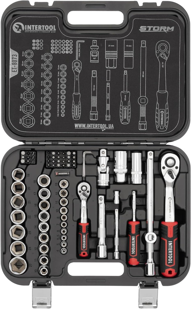INTERTOOL 73-Piece Metric Socket Set | 1/4” & 1/2” Drive | ET08-8073