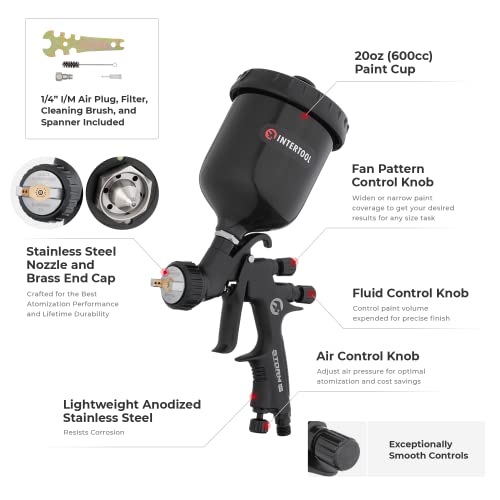 INTERTOOL HVLP Automotive Paint Spray Gun - 1.4 mm Air Cap, Pneumatic Sprayer for Touch Up, Primer, Top Coat, 600cc Cup, High-Performance Black M-Diamond Series | PT08-0164