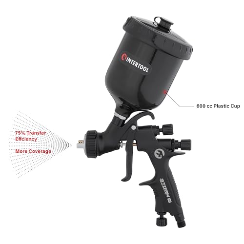 INTERTOOL HVLP Automotive Paint Spray Gun - 1.4 mm Air Cap, Pneumatic Sprayer for Touch Up, Primer, Top Coat, 600cc Cup, High-Performance Black M-Diamond Series | PT08-0164