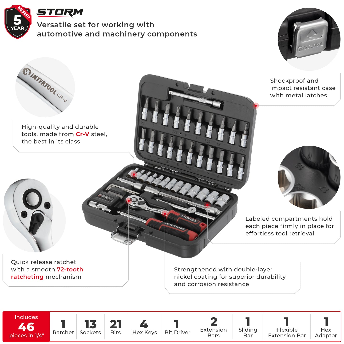 Juego de puntas y dados INTERTOOL con accionamiento de 1/4", sistema métrico, 46 piezas, estuche rígido compacto | ET08-8046