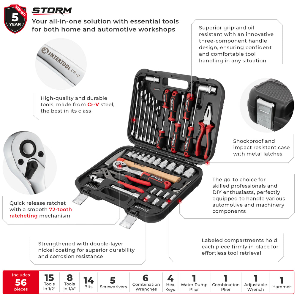 INTERTOOL 1/4", 1/2" Drive Full Mechanics Tool Set, Metric, 56 pcs | ET08-8056