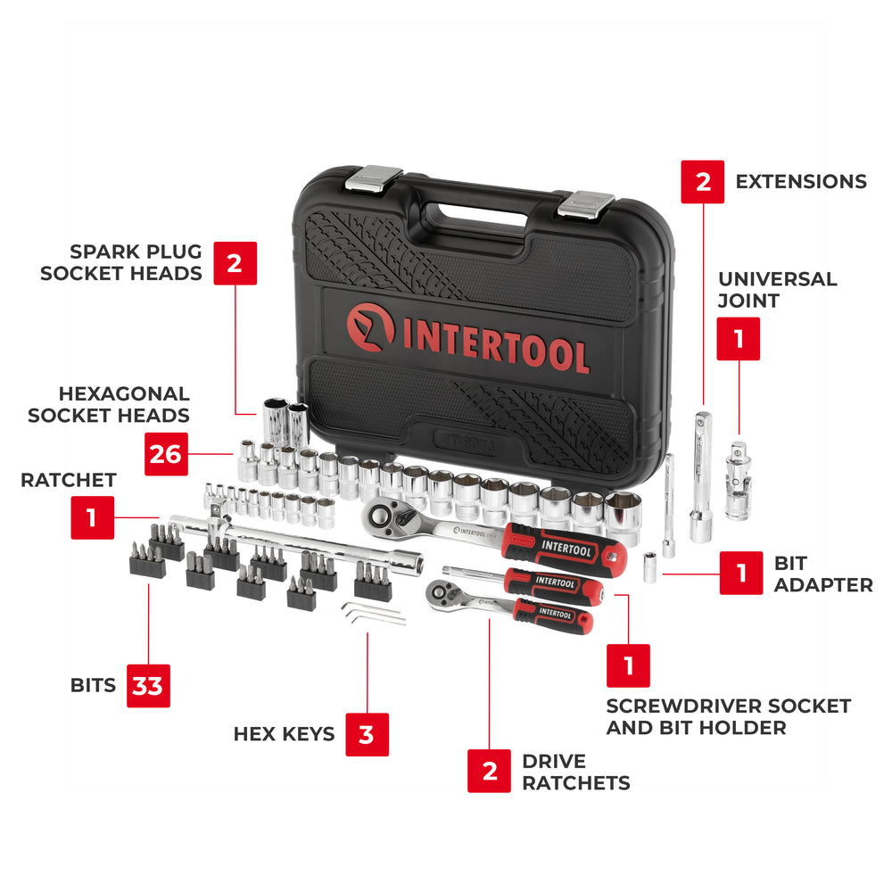 INTERTOOL 73-Piece Metric Socket Set | 1/4” & 1/2” Drive | ET08-8073
