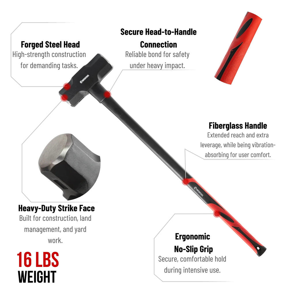 INTERTOOL Sledgehammer 16 lbs Fiberglass Handle | HT08-0250