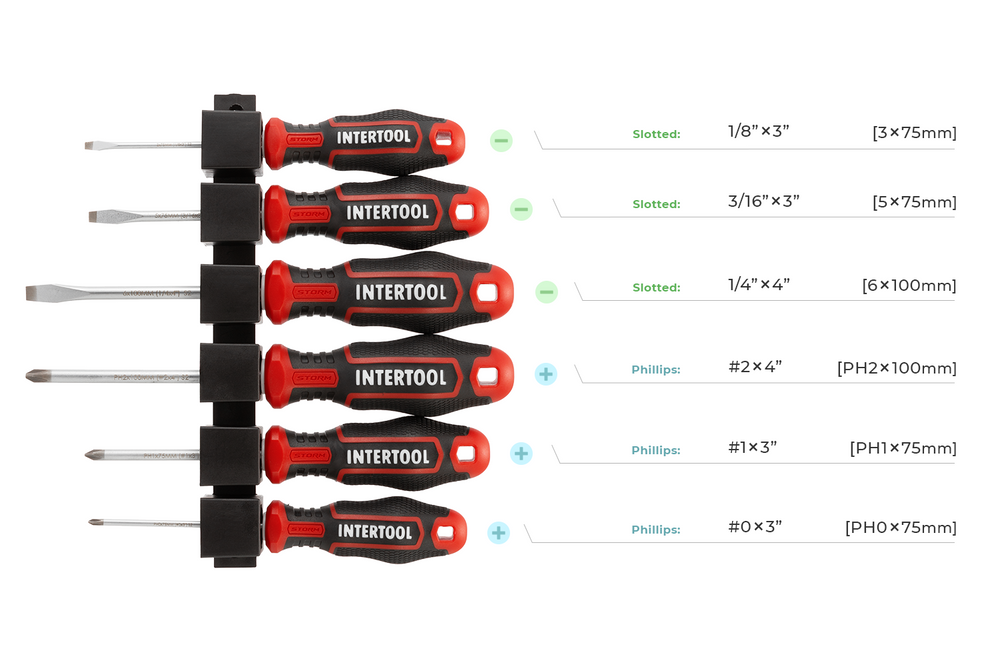 INTERTOOL 6 pcs Screwdriver Set, Phillips & Slotted, Wall Mount Rack | VT08-3436