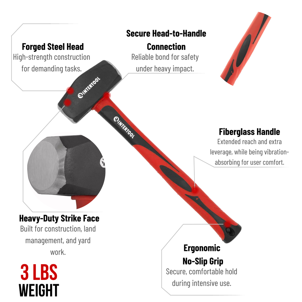 INTERTOOL 3 lb Drilling Hammer | 12” Fiberglass Handle | HT08-0246
