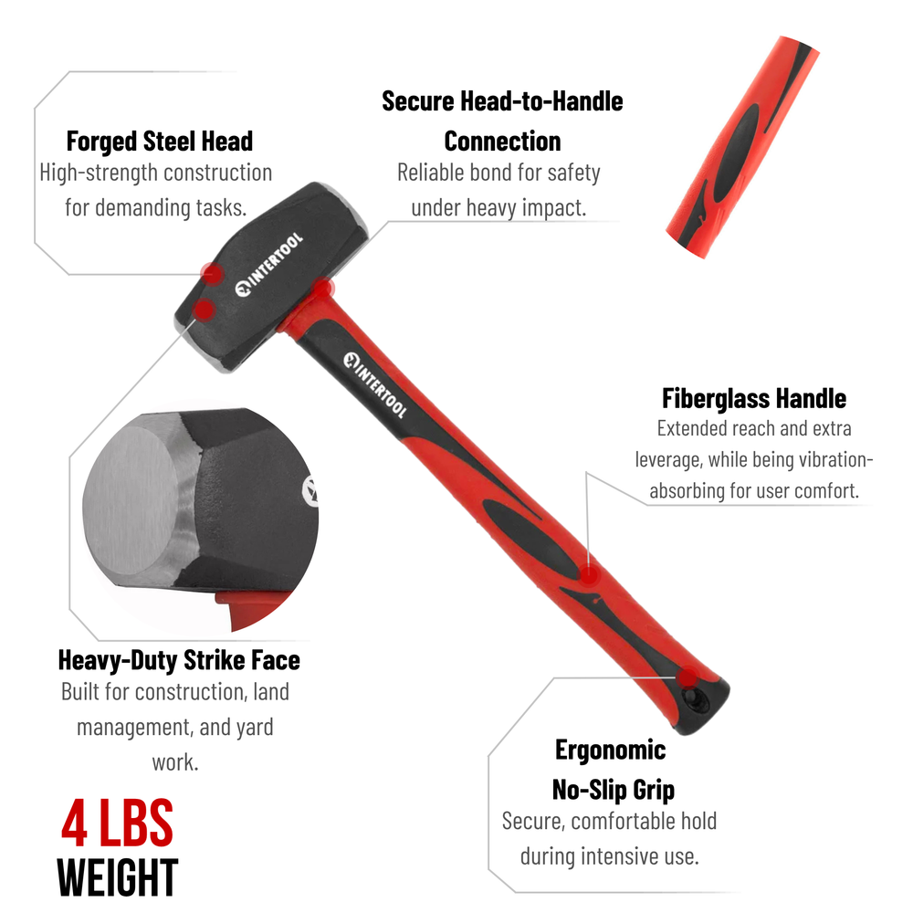 INTERTOOL 4 lb Drilling Hammer | 13” Fiberglass Handle | HT08-0247