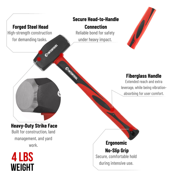 INTERTOOL 4 lb Drilling Hammer | 13” Fiberglass Handle | HT08-0247
