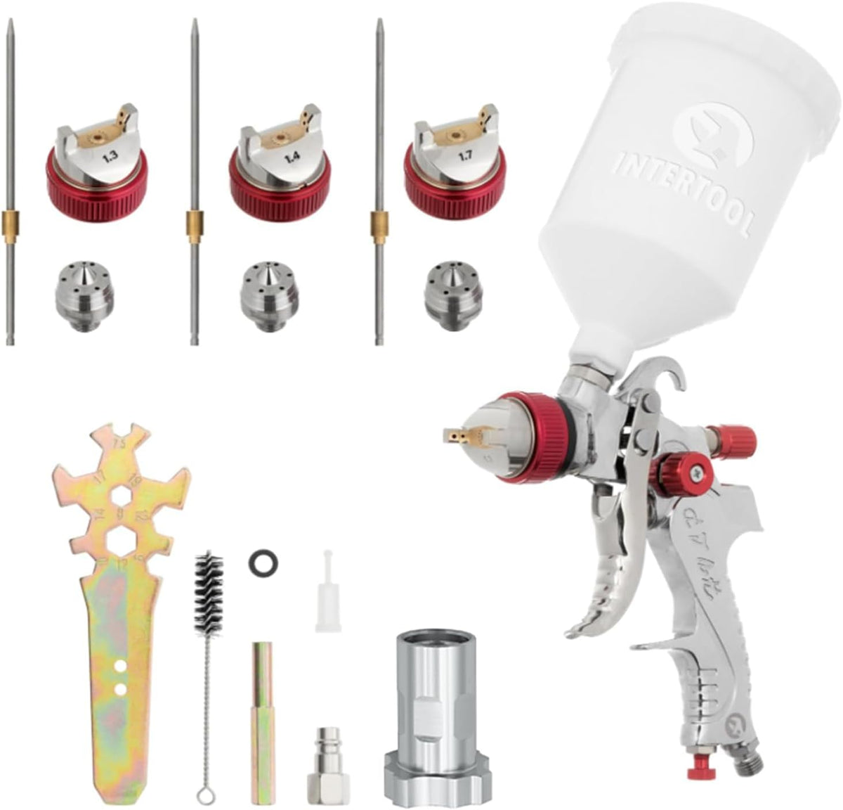 Kit de pistola pulverizadora de pintura INTERTOOL HVLP: boquillas de 1,3, 1,4 y 1,7 mm, pulverizador de alimentación por gravedad, depósito de plástico de 600 cc | PT08-0153