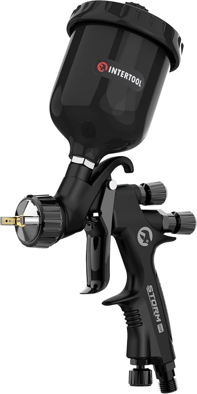 Воздушный краскопульт INTERTOOL Touch Up HVLP с воздушной головкой 0,8 мм, для точного ремонта деталей автомобилей, пластиковый бачок 250 см3, высокопроизводительная чёрная серия M-Diamond | PT08-0170 