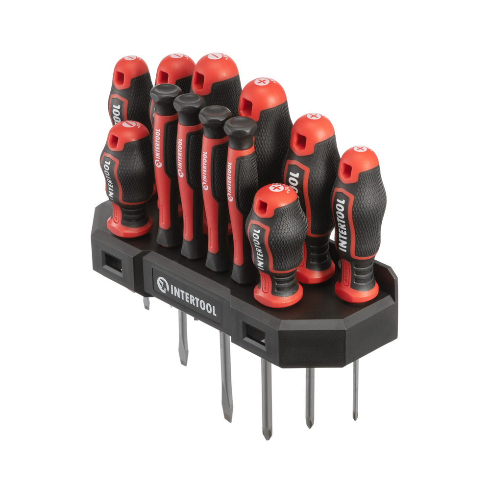 INTERTOOL 12 pcs Screwdriver Set, Precision, Stubby, Wall Mount Rack | VT08-3442
