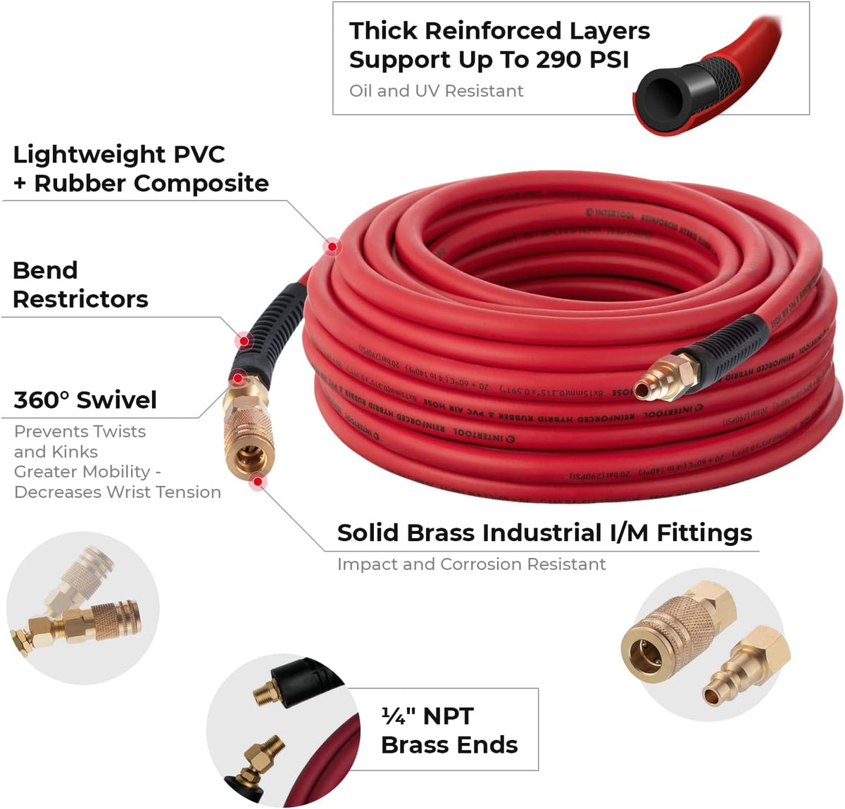 Manguera de aire híbrida INTERTOOL de 5/16” x 50 pies: liviana, resistente a las torceduras, conexiones de latón, acoplamiento rápido | PT08-1772