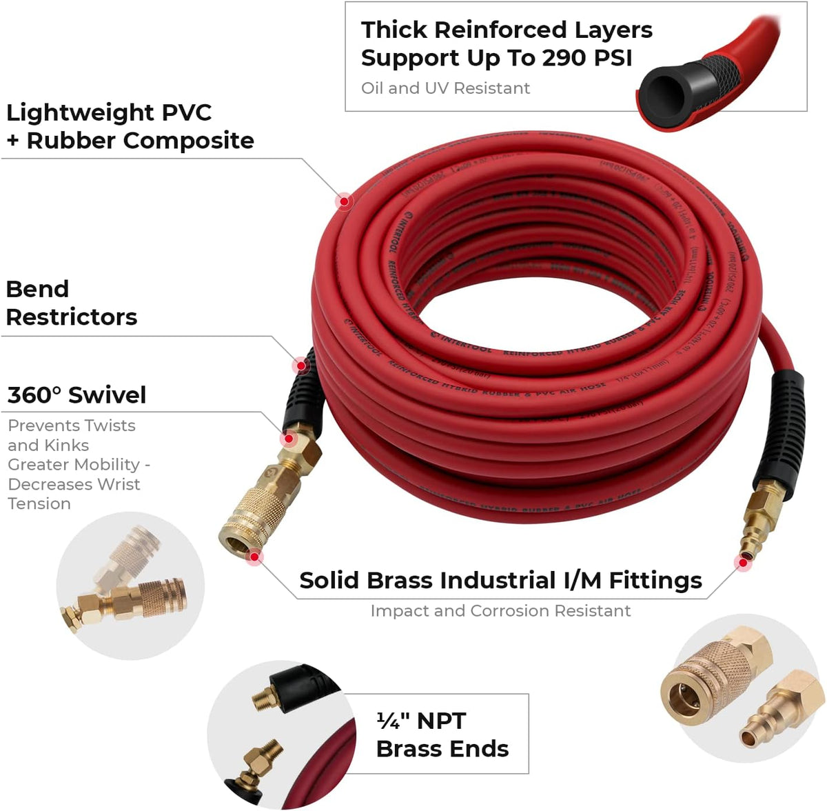 Manguera de aire híbrida INTERTOOL de 1/4” x 50 pies: liviana, resistente a las torceduras, conexiones de latón, acoplador rápido | PT08-1762