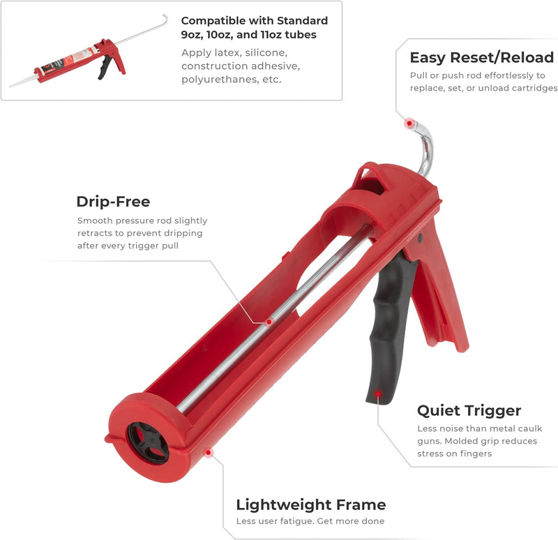 INTERTOOL Drip-Free Caulking Gun - 10 oz, 10:1 Thrust Ratio, Lightweight, Smooth Rod, Quiet Ratcheting | HT08-0027