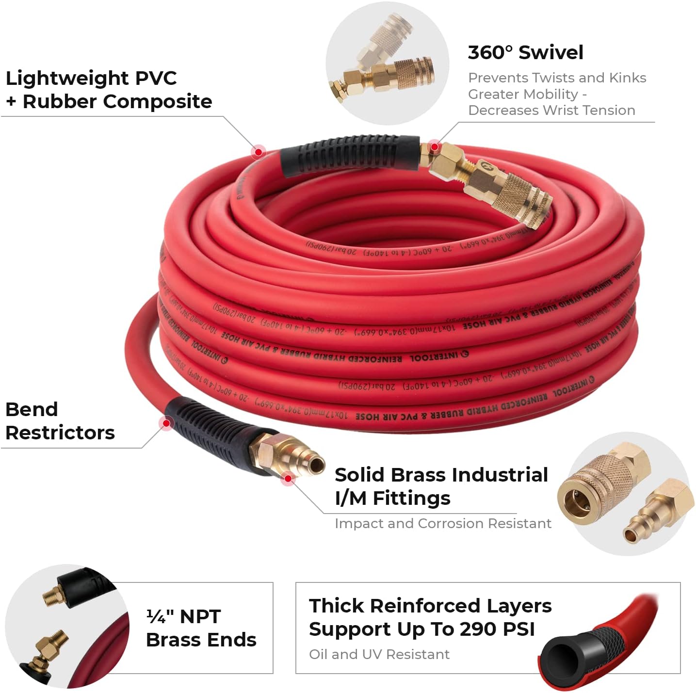 INTERTOOL "3/8” x 50 ft. Hybrid Air Hose - Lightweight, Kink-Resistant, Brass Fittings, Quick Coupler  | PT08-1782