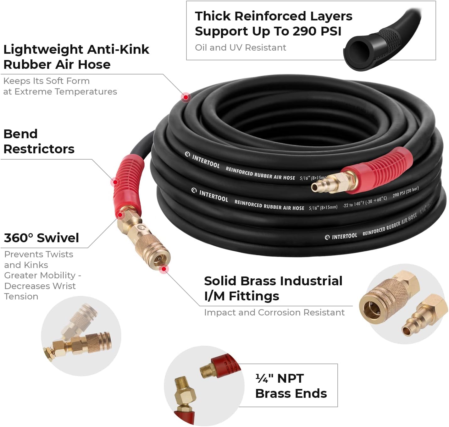 Manguera de aire de caucho INTERTOOL de 1/4” x 50 pies: ultraduradera, resistente, resistente a las torceduras, conexiones de latón |