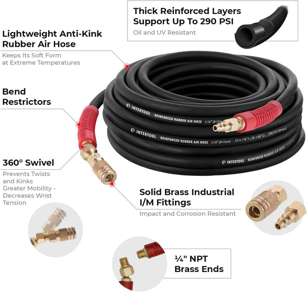 INTERTOOL 1/4” x 50 ft. Rubber Air Hose Brass Fittings | PT08-1721