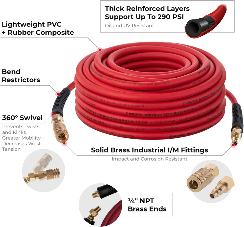 Manguera de aire híbrida INTERTOOL de 3/8” x 100 pies: liviana, resistente a las torceduras, conexiones de latón, acoplador rápido | PT08-1783