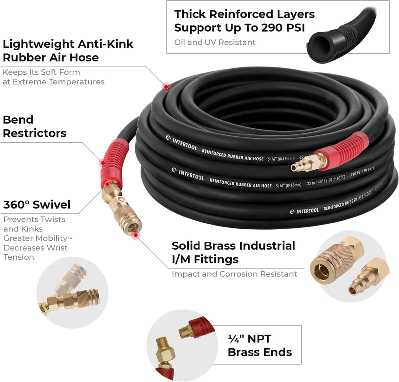 Manguera de aire de caucho INTERTOOL de 5/16” x 50 pies: ultraduradera, resistente y resistente a las torceduras, con conexiones de latón | PT08-1732