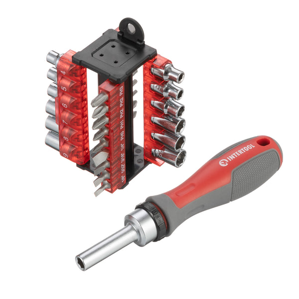 INTERTOOL 31 pcs Ratchet Multi-Bit Screwdriver, Attachable Storage Case | VT08-3374