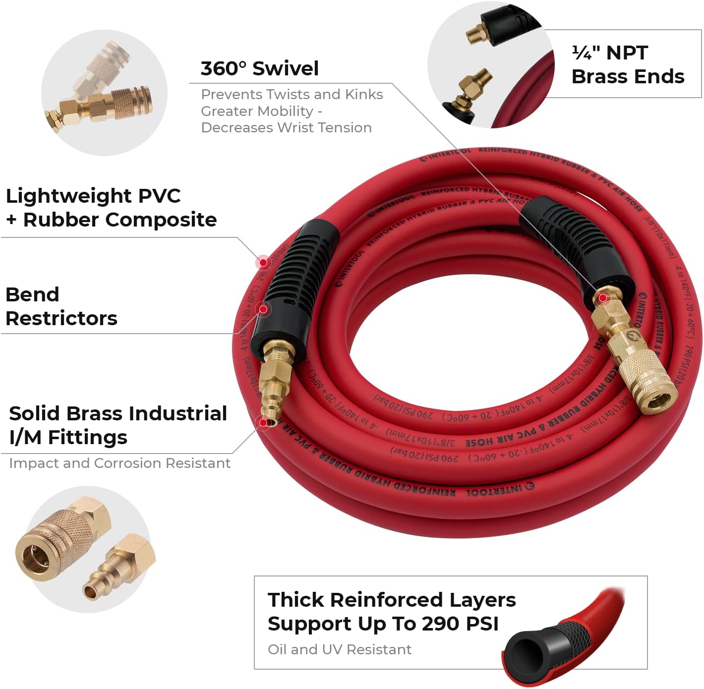 INTERTOOL  "3/8” x 25 ft. Hybrid Air Hose - Lightweight, Kink-Resistant, Brass Fittings, Quick Coupler  | PT08-1781