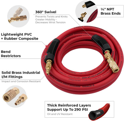 INTERTOOL  "3/8” x 25 ft. Hybrid Air Hose - Lightweight, Kink-Resistant, Brass Fittings, Quick Coupler  | PT08-1781