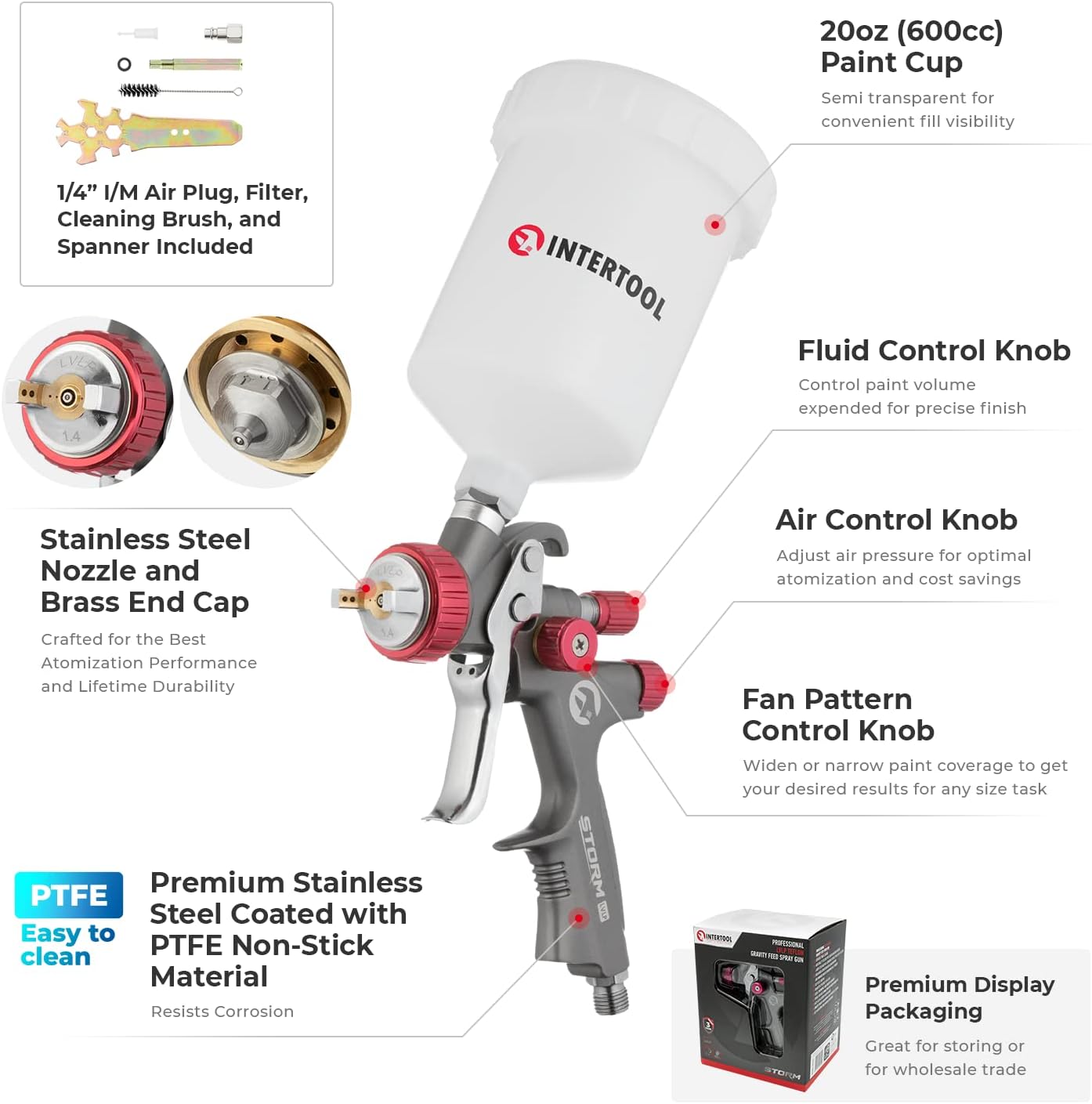 INTERTOOL LVLP Spray Gun - 1.4 mm Nozzle, 600 cc Cup, Easy to Use & Clean, Ideal for Car Paint and DIY Projects | PT08-0144