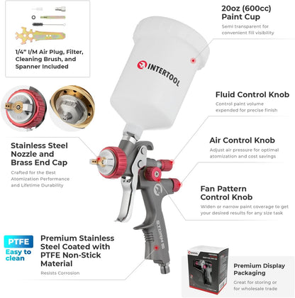 INTERTOOL LVLP Spray Gun - 1.4 mm Nozzle, 600 cc Cup, Easy to Use & Clean, Ideal for Car Paint and DIY Projects | PT08-0144