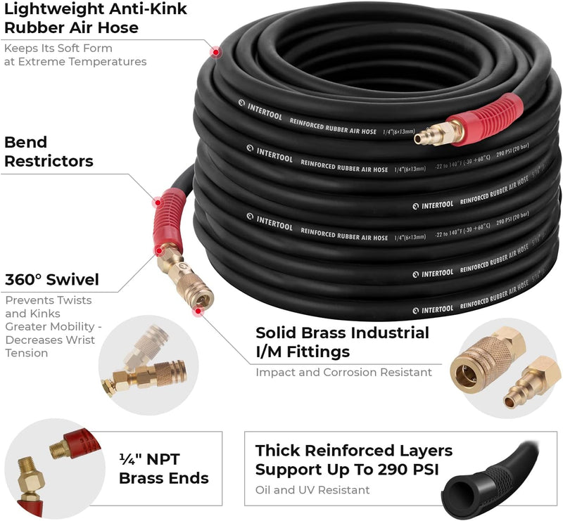 Manguera de aire de caucho INTERTOOL de 1/4” x 100 pies: ultraduradera, resistente y resistente a las torceduras, con conexiones de latón | PT08-1730