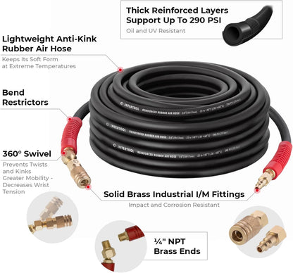 INTERTOOL "3/8” x 100 ft. Ultra-Durable Rubber Air Hose - Heavy-Duty, Kink-Resistant, Brass Fitting  | PT08-1736