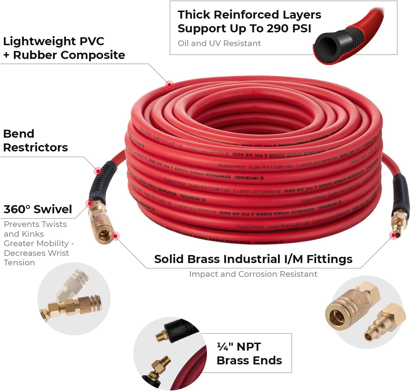 INTERTOOL 5/16” x 100 ft. Hybrid Air Hose - Lightweight, Kink-Resistant, Brass Fittings, Quick Coupler | PT08-1773