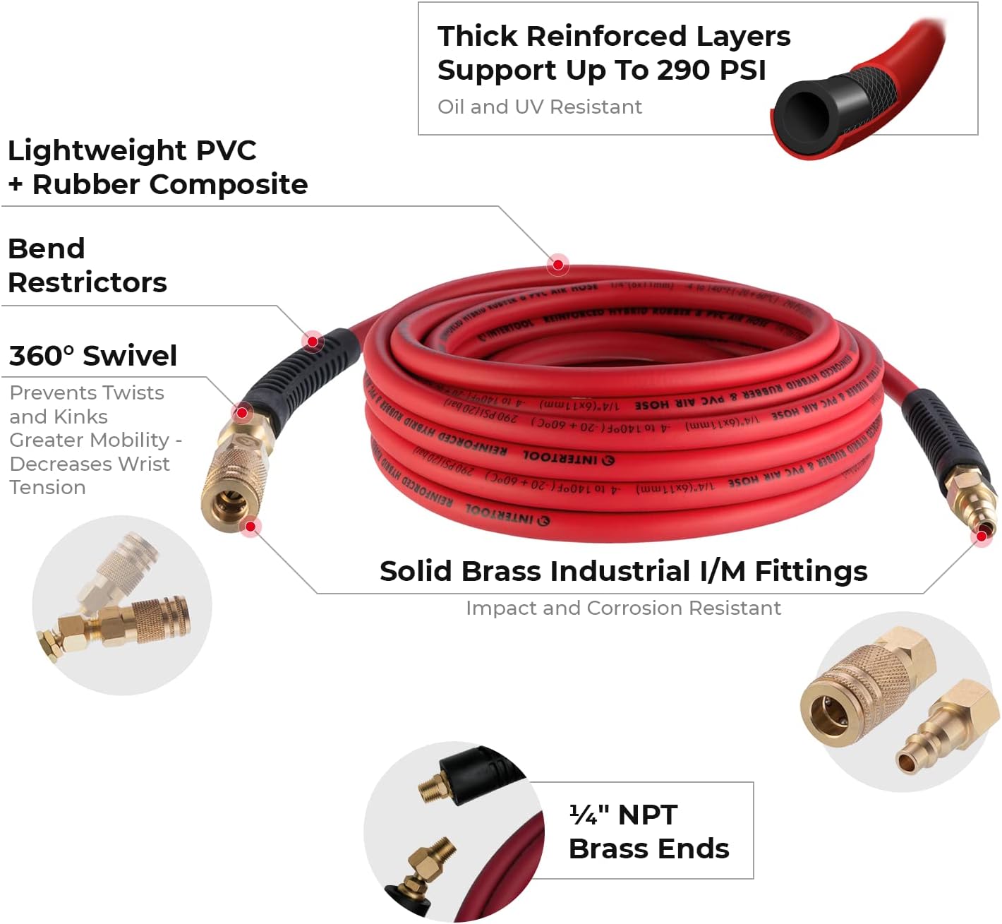 Manguera de aire híbrida INTERTOOL de 1/4” x 25 pies: liviana, resistente a las torceduras, conexiones de latón, acoplador rápido | PT08-1761