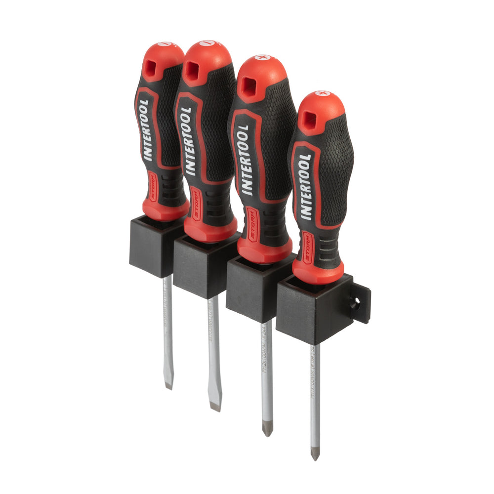 INTERTOOL 4 pcs Screwdriver Set, Phillips & Slotted, Wall Mount Rack | VT08-3434