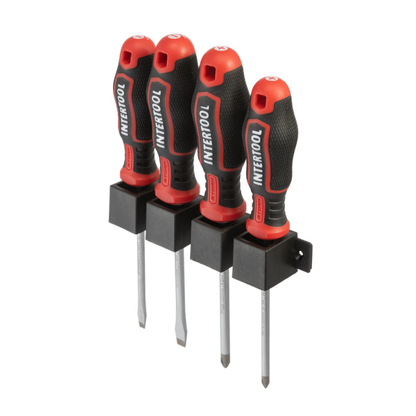 INTERTOOL 4 pcs Screwdriver Set, Phillips & Slotted, Wall Mount Rack | VT08-3434