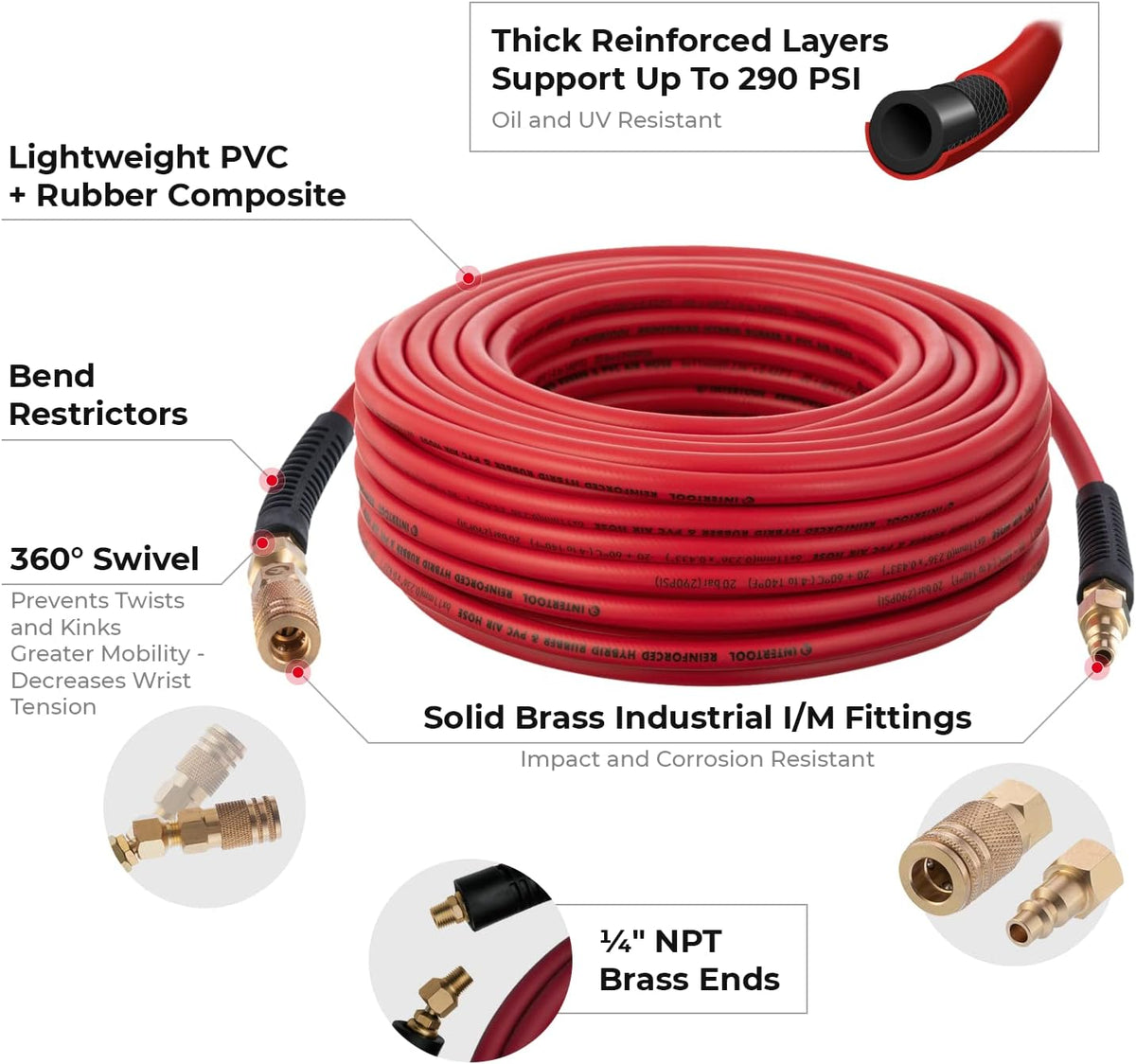 Manguera de aire híbrida INTERTOOL de 1/4” x 100 pies: liviana, resistente a las torceduras, conexiones de latón | PT08-1763