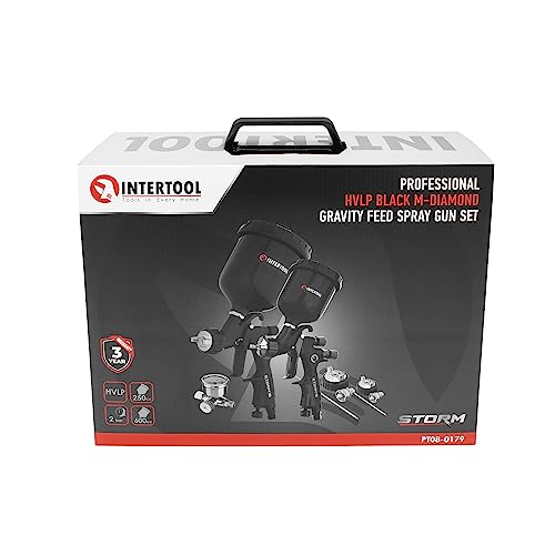 Комплект краскопультов INTERTOOLHVLP — 2 распылителя, воздушные головки 0,8, 1,2, 1,3, 1,8 мм, стандартная и для подкраски, пластиковые бачки 250/600 см3, чёрная серия M-Diamond | PT08-0179