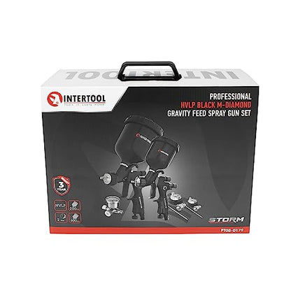 INTERTOOLHVLP Paint Spray Gun Set - 2 Sprayers, 0.8, 1.2, 1.3, 1.8 mm Air Caps, Standard & Touch Up, 250/600 cc Plastic Cups, Black M-Diamond Series | PT08-0179